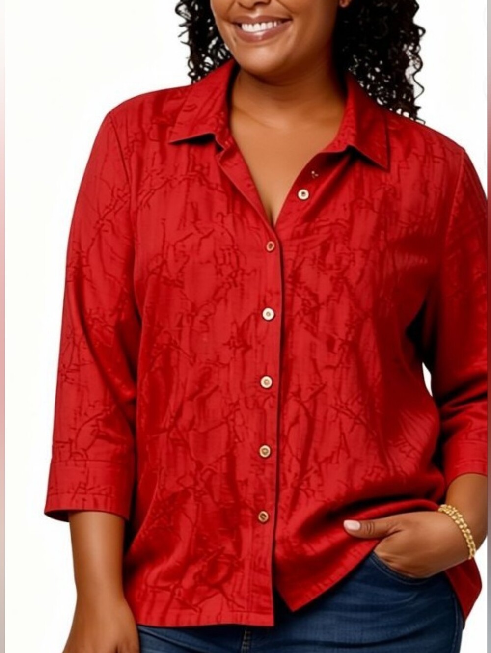 Croft & Barrow Burnt Orange 3/4 Sleeve Embroidered Button Down Top Size XL